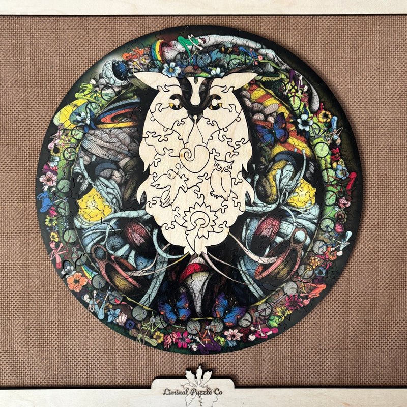 Wooden Owl Jigsaw Puzzle with the owl reversed- The Chronicles of Boulder - Liminal Puzzle Co