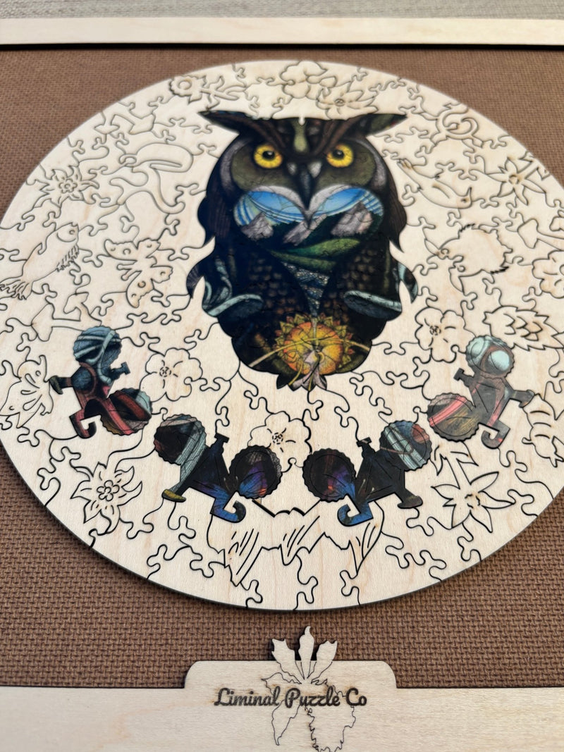 front side of the Wooden Owl Jigsaw Puzzle with the owl reversed- The Chronicles of Boulder - Liminal Puzzle Co