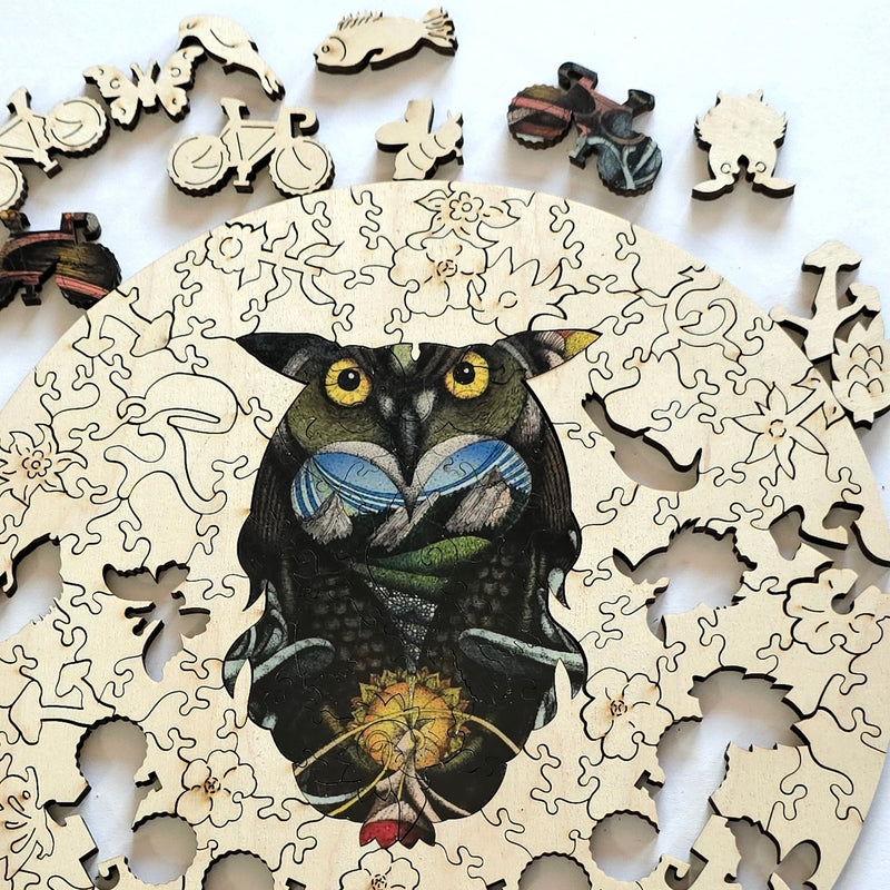 details of the pieces in the Wooden Owl Jigsaw Puzzle with the owl reversed- The Chronicles of Boulder - Liminal Puzzle Co
