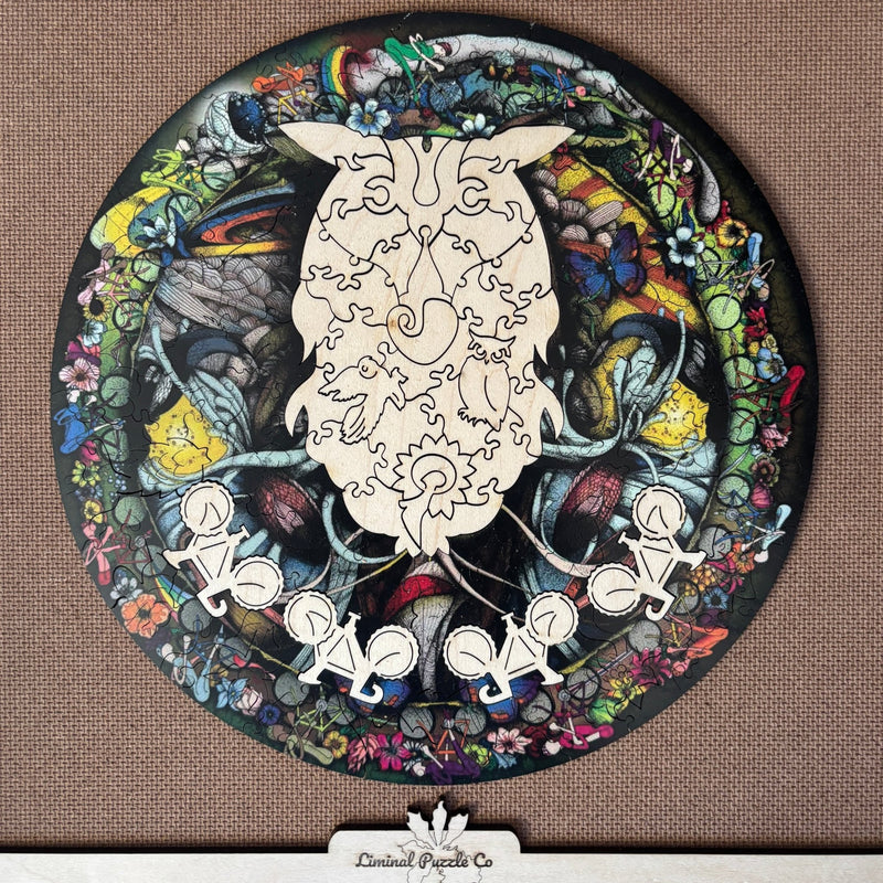 Wooden Owl Jigsaw Puzzle with the owl and bicycles reversed- The Chronicles of Boulder - Liminal Puzzle Co