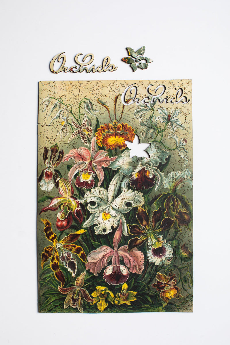 whimsical pieces in Orchids Wooden Jigsaw Puzzle - Liminal Puzzle Co