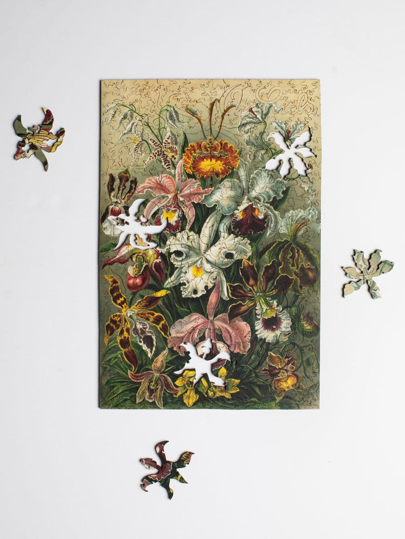 whimsical pieces in Orchids Wooden Jigsaw Puzzle - Liminal Puzzle Co